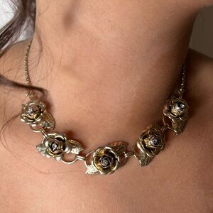 Vintage Floral Metal Choker, Gothic Rose Leaves, Rhinestone Pistils, 15.25”​